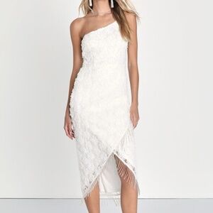 Lulus Stunning Destiny Ivory One-shoulder 3d Floral Midi Dress White - Size S